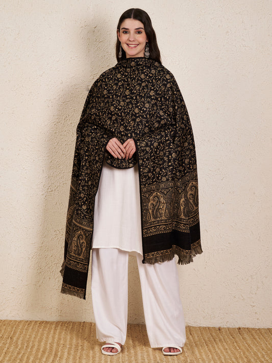 Woolen Kani Shawl with Intricate Kashmiri Paisley & Floral Woven Design (Black)