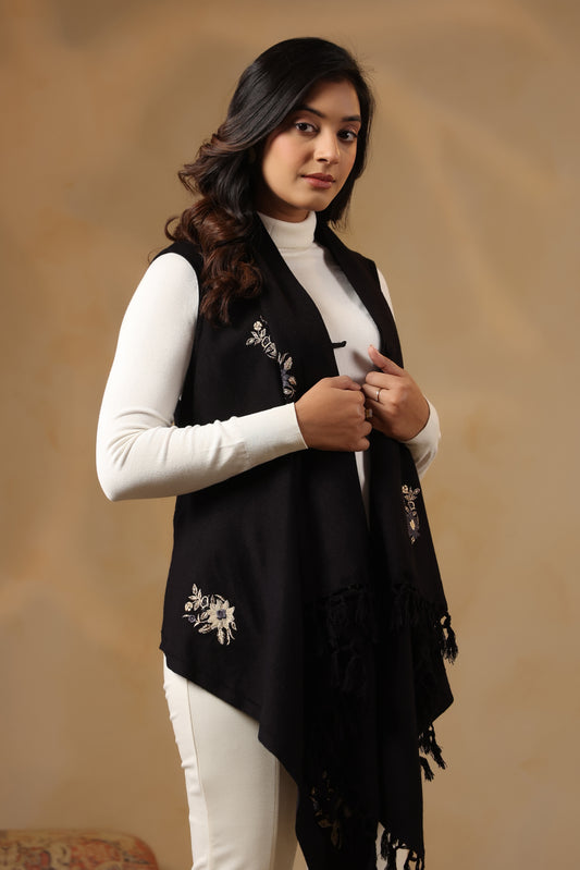 Women's Sleeveless Floral Zari Embroidery Cardigan Shrug | Black