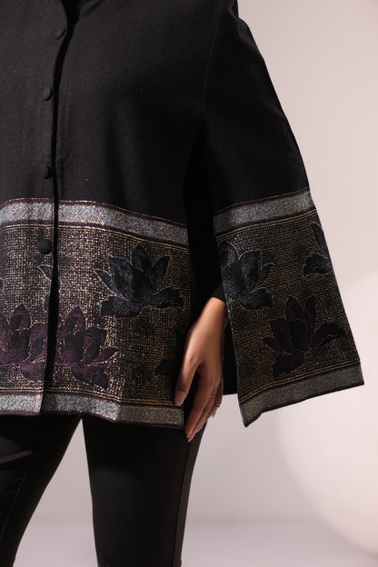 Women's Woven Cape Jacket with Zari Lotus Border | Black