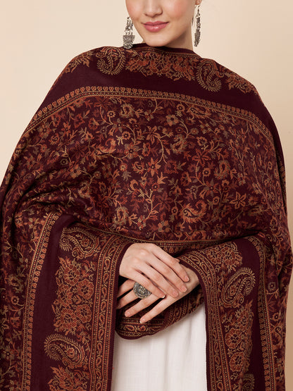 Woollen Kani Shawl with Traditional Kashmiri Floral & Paisley Woven Design | Maroon