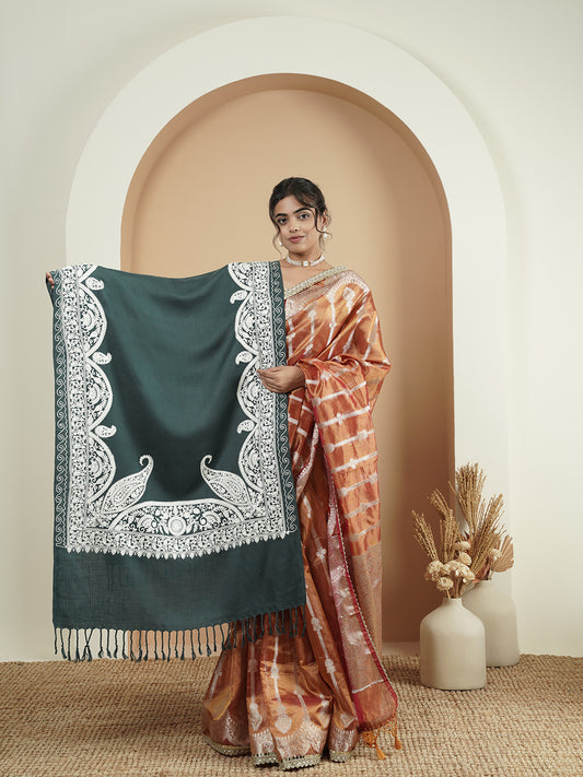 Floral Kashmiri Aari Embroidery Warm Stole with Fringed Border | Grey