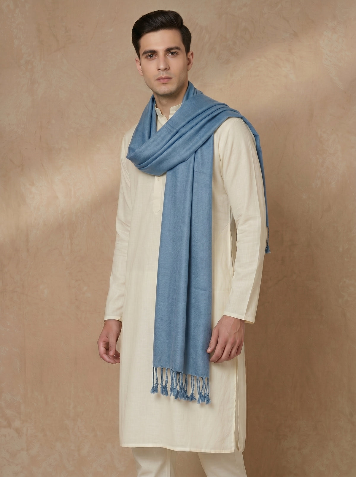 Men Lightweight Solid Color Warm Stole | Dark Sky Blue - view 5
