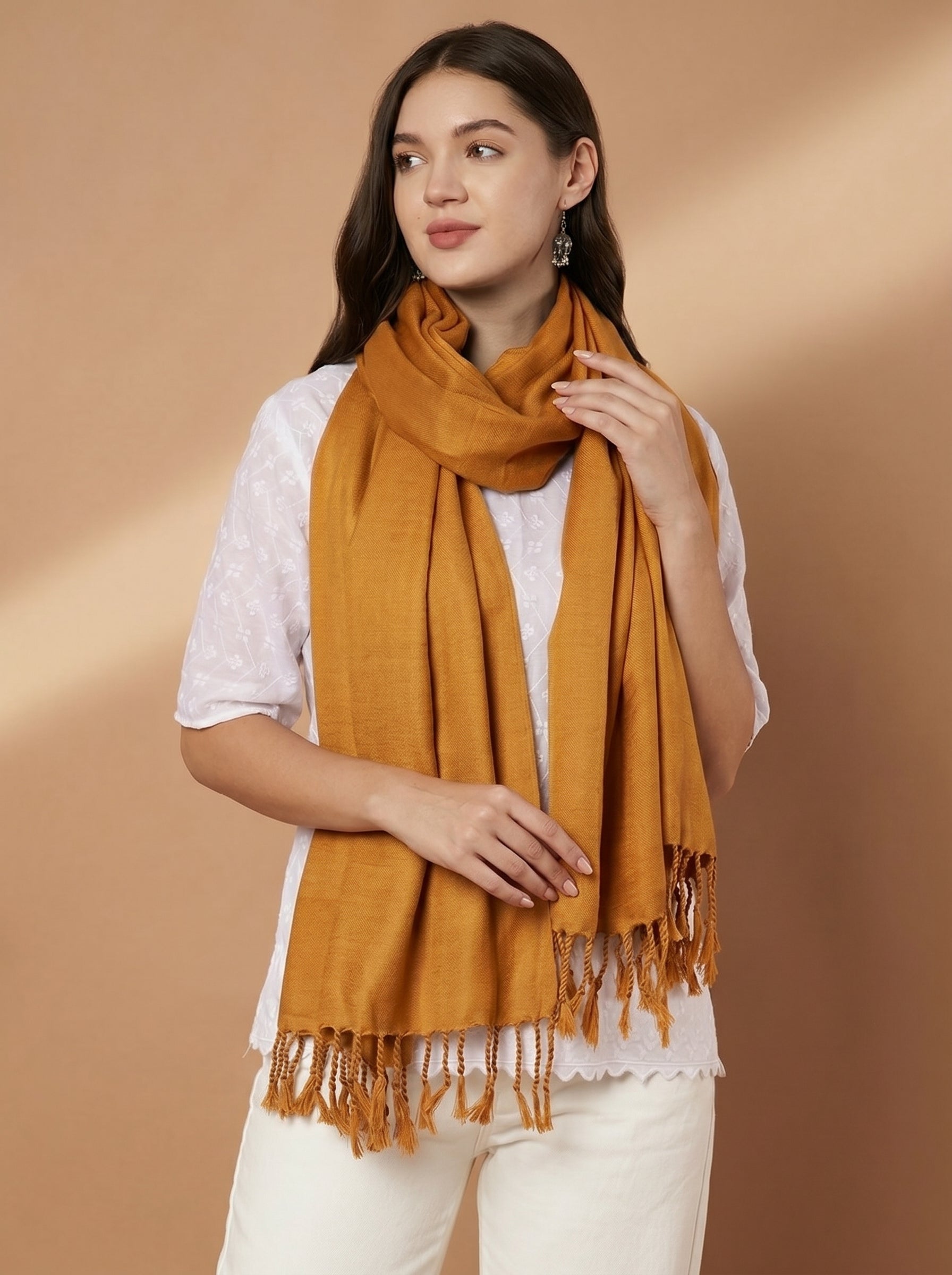 Plain Mustard Woolen Stole for Women | Mustard - view 4