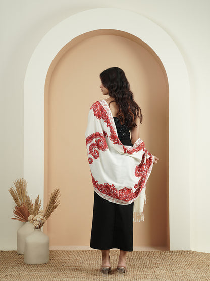 Floral Kashmiri Embroidery Warm Stole with Fringed Border | White
