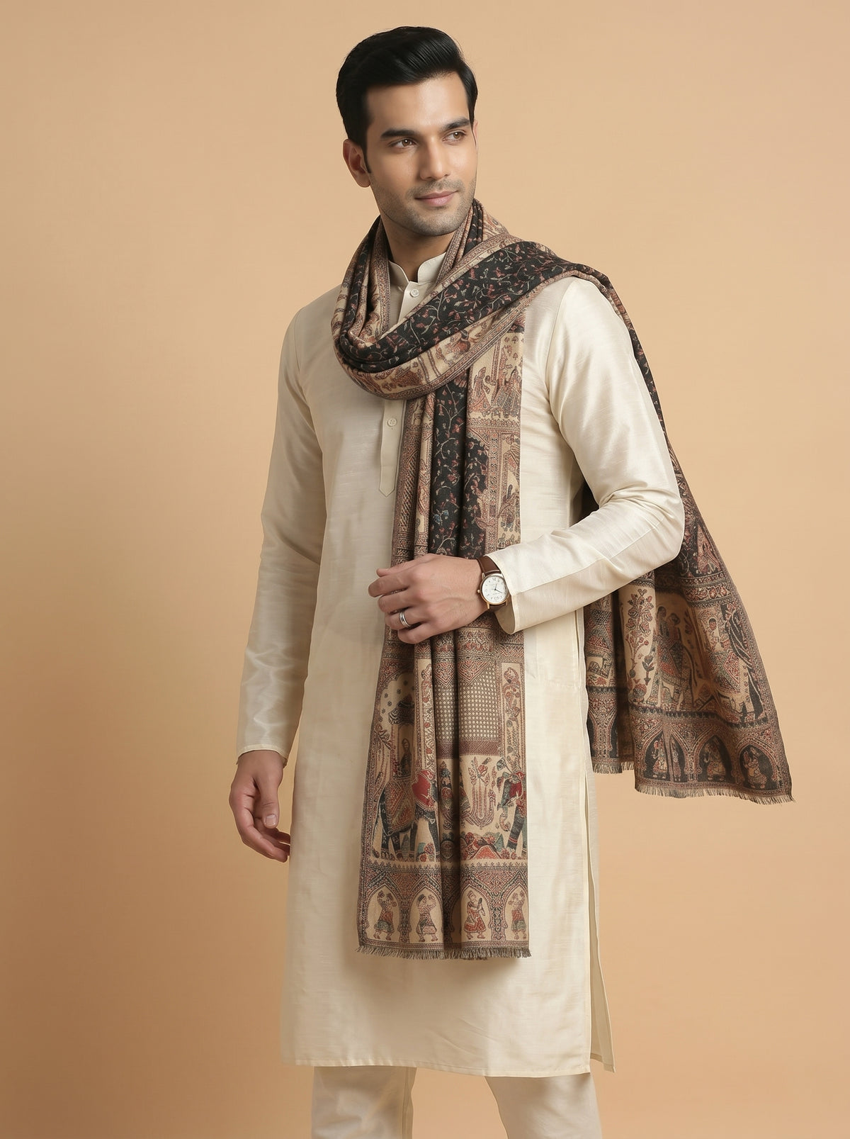Kani Weave Woven Shawl for Men in Royal Mughal Patterns | Black - view 4