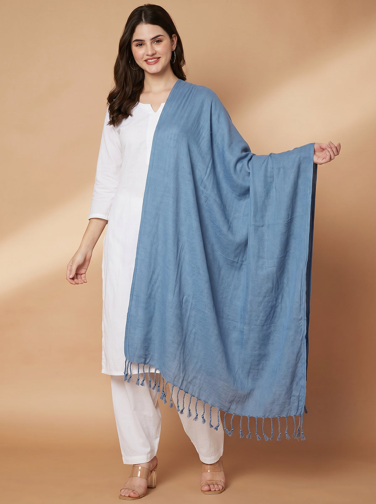 Plain Dark Sky Blue Woolen Stole for Women | Dark Sky Blue