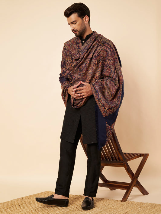 Warm Faux Pashmina Jacquard Woven Jamawar Mughal Shawl (Navy Blue)