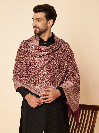 Floral All-over Kani Weave Woolen Stole with Paisley Border | Maroon