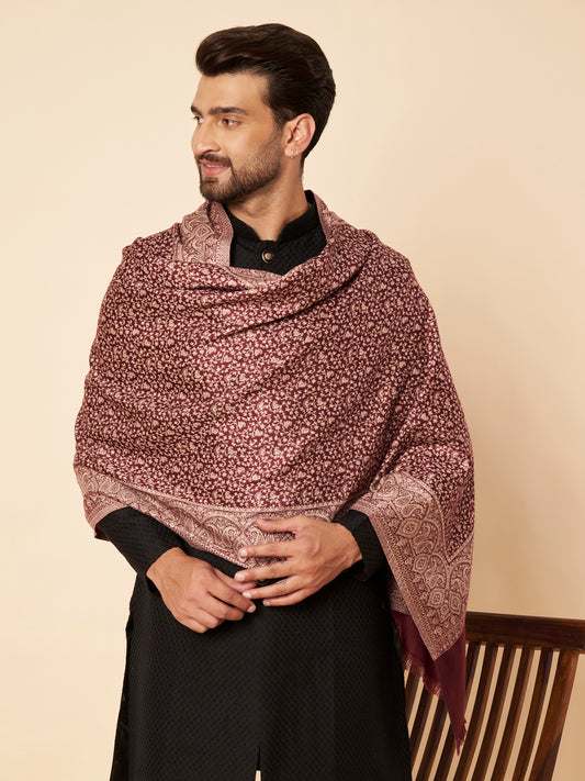 Floral All-over Kani Weave Woolen Stole with Paisley Border | Maroon