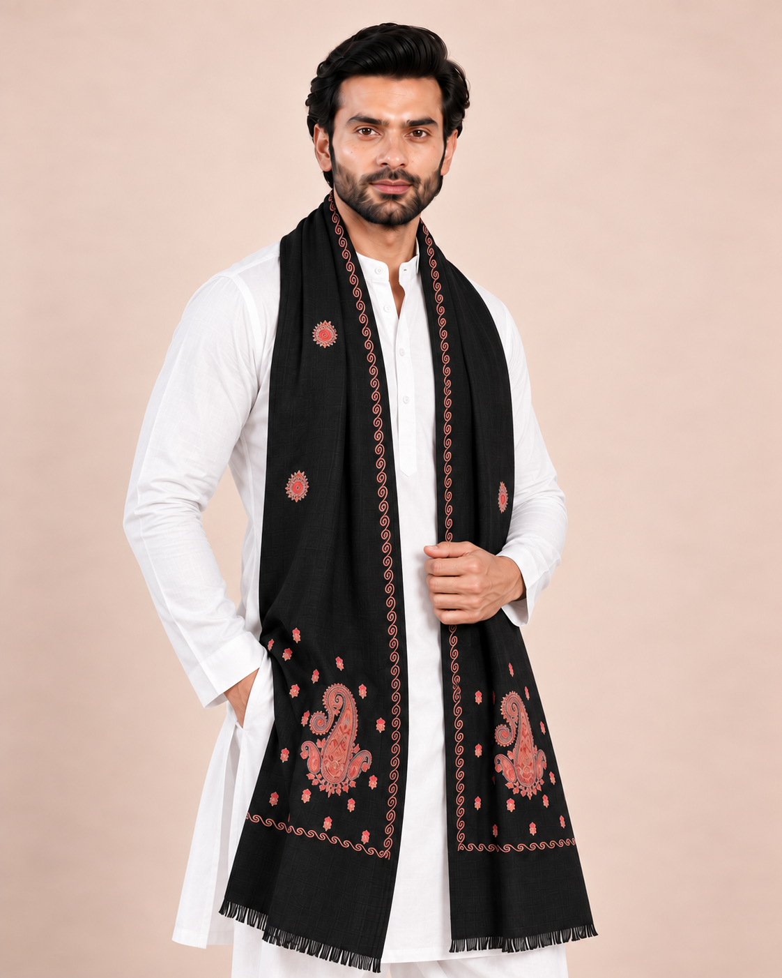 Fine Embroidery Paper Mache Kashmiri Wool Shawl for Men | Black - view 2