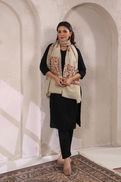 Sozni Floral Embroidery Kashmiri Shawl | Beige