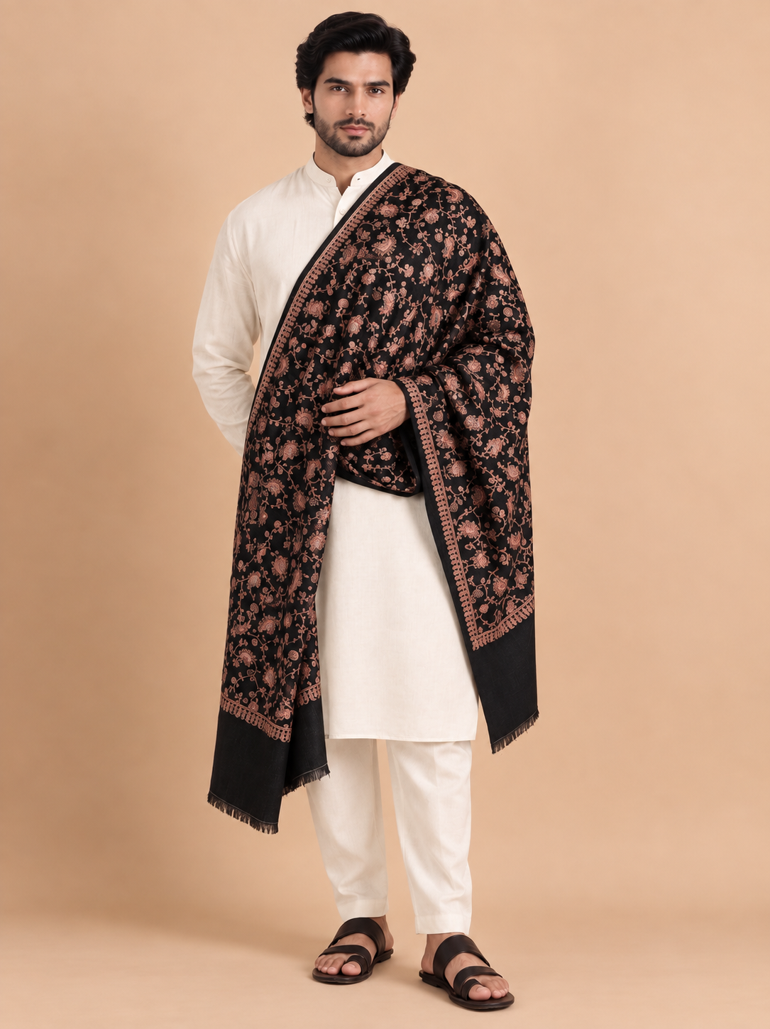Kashmiri Sozni Floral Embroidery Shawl for Men | Black - view 3