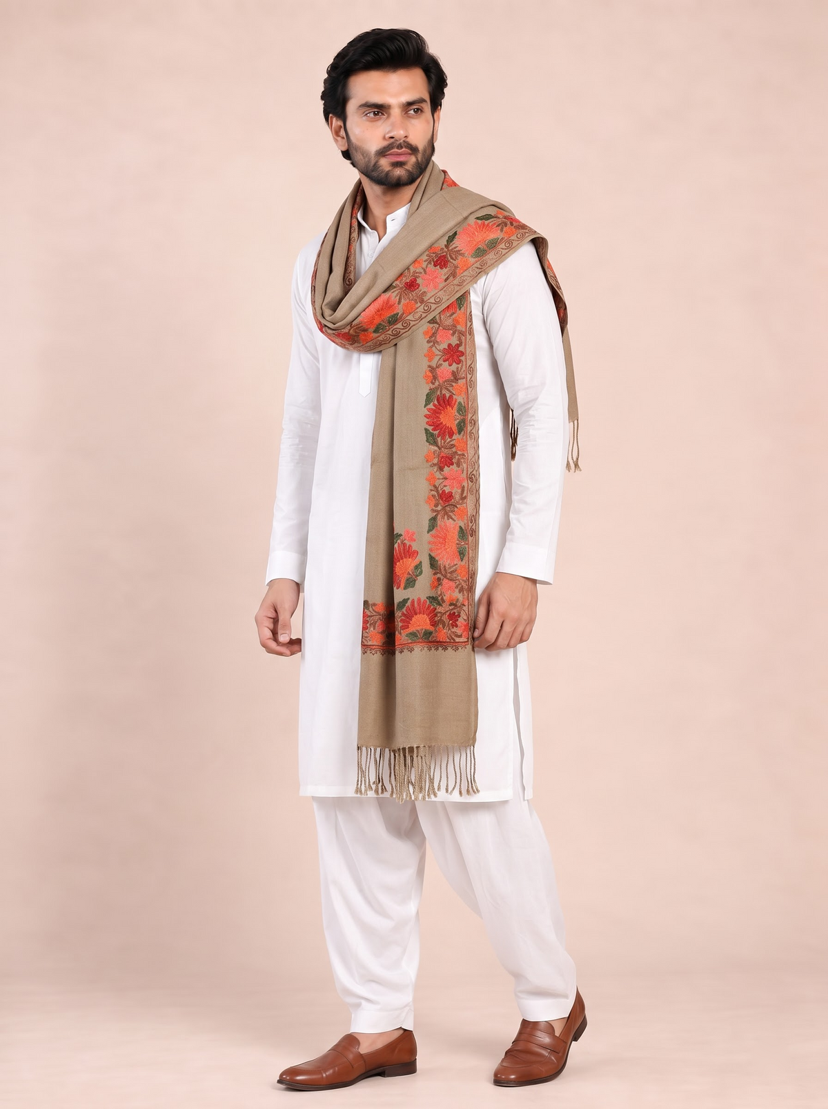 Kashmiri Aari Embroidery Woollen Stole for Men | Brown