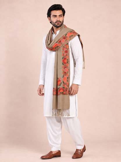 Kashmiri Aari Embroidery Woollen Stole for Men | Brown