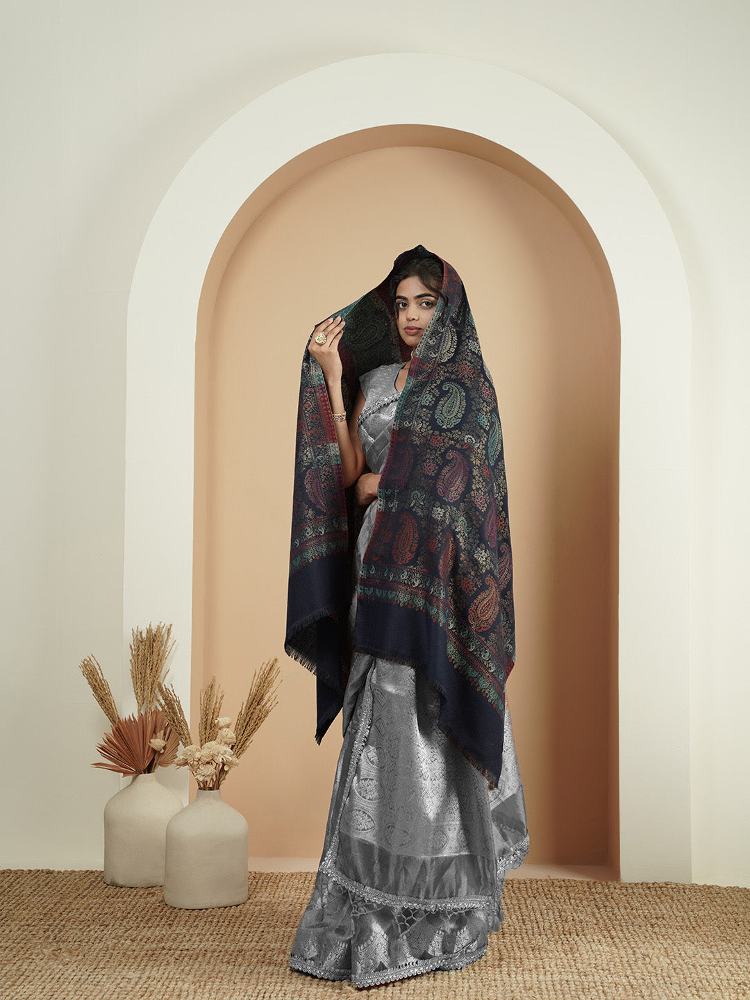 Multicolor Paisley Kani Weave with Zari Work | Navy Blue