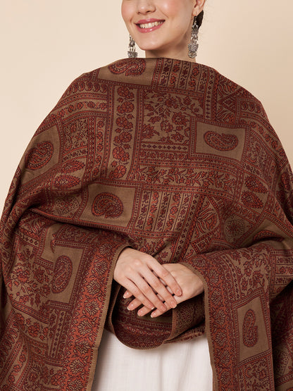 Woollen Kani Shawl with Intricate Kashmiri Paisley & Floral Woven Design | Brown