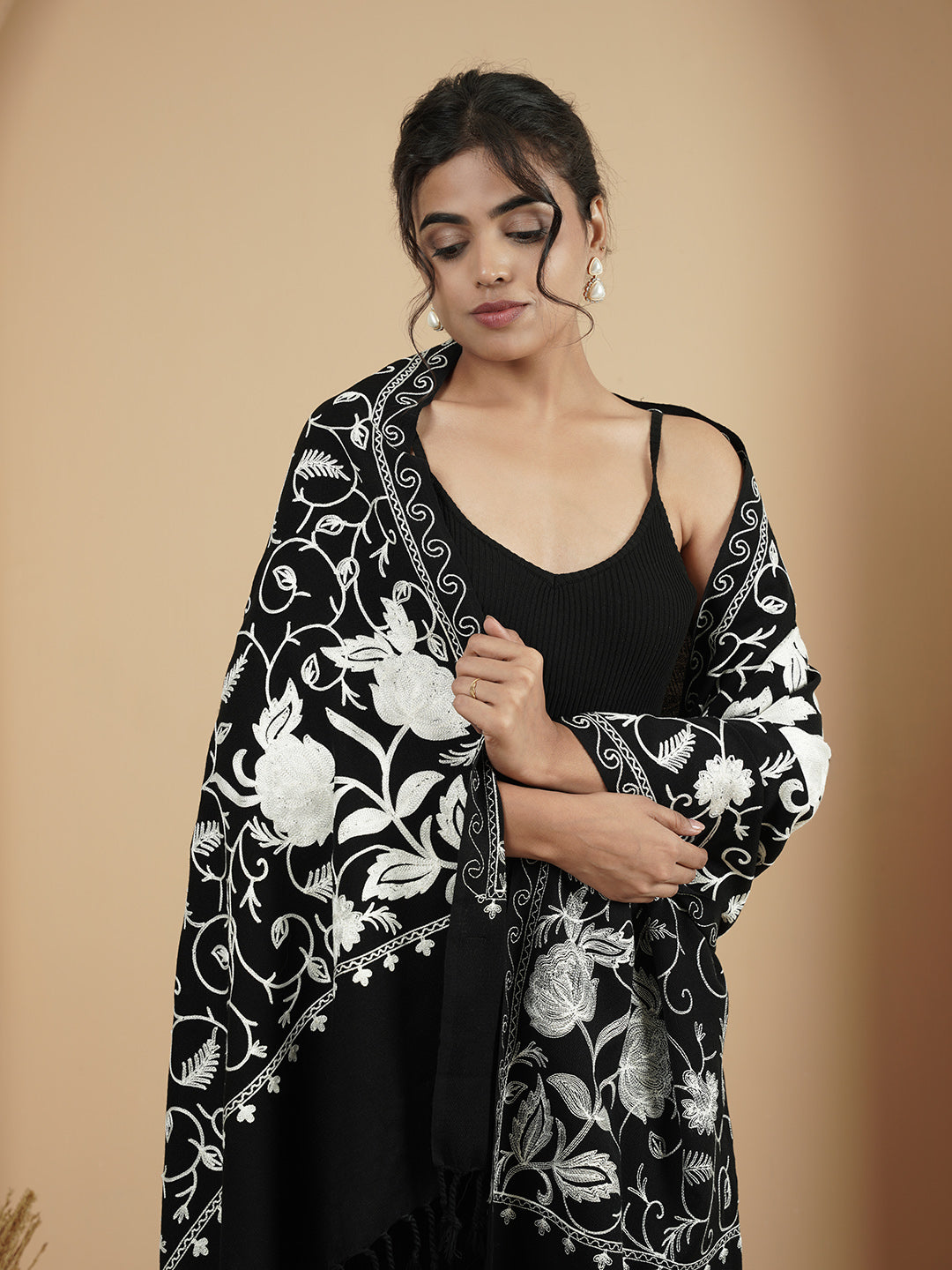 Floral Kashmiri Jaal Embroidery Warm Stole with Fringed Border | Black - view 2