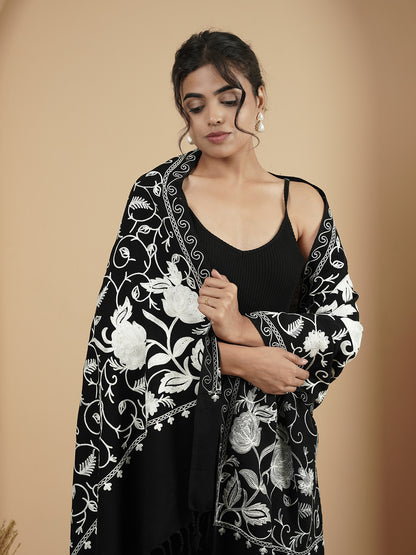 Floral Kashmiri Jaal Embroidery Warm Stole with Fringed Border | Black - view 2