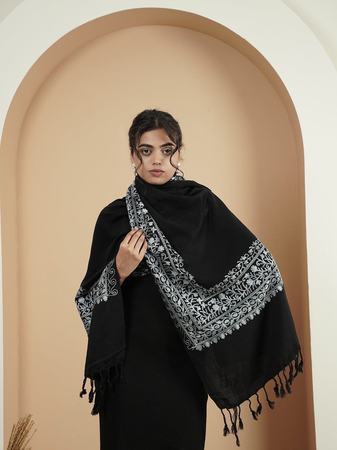 Floral Kashmiri Embroidery Warm Stole with Fringed Border | Black