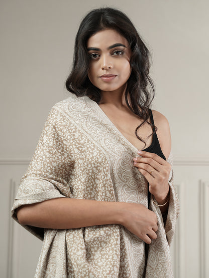 Floral All-over Kani Weave Woolen Stole with Paisley Border | Beige