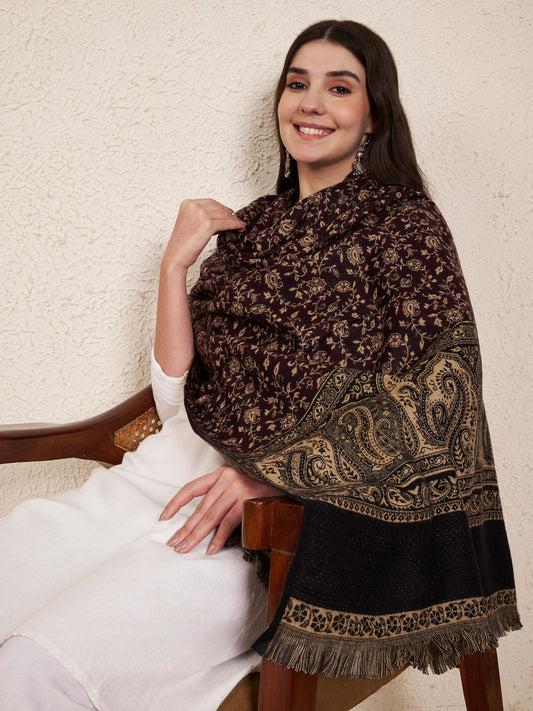 Woolen Kani Shawl with Intricate Kashmiri Paisley & Floral Woven Design (Wine)