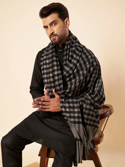 Men's Woollen Lohi Shawl | Black Grey Check