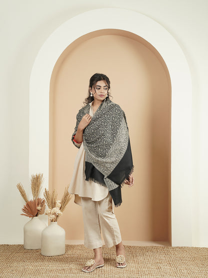 Floral All-over Kani Weave Woolen Stole with Paisley Border | Black