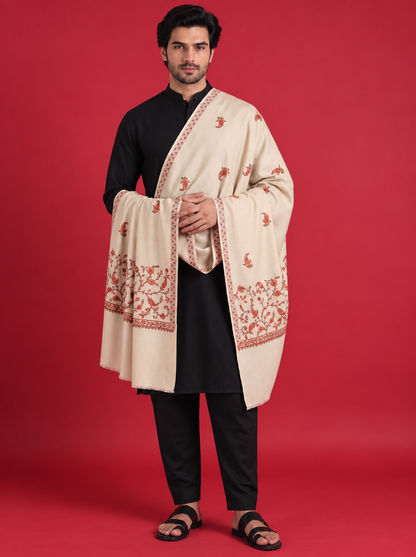 Sozni Floral Embroidery Kashmiri Shawl for Men | Beige - view 5