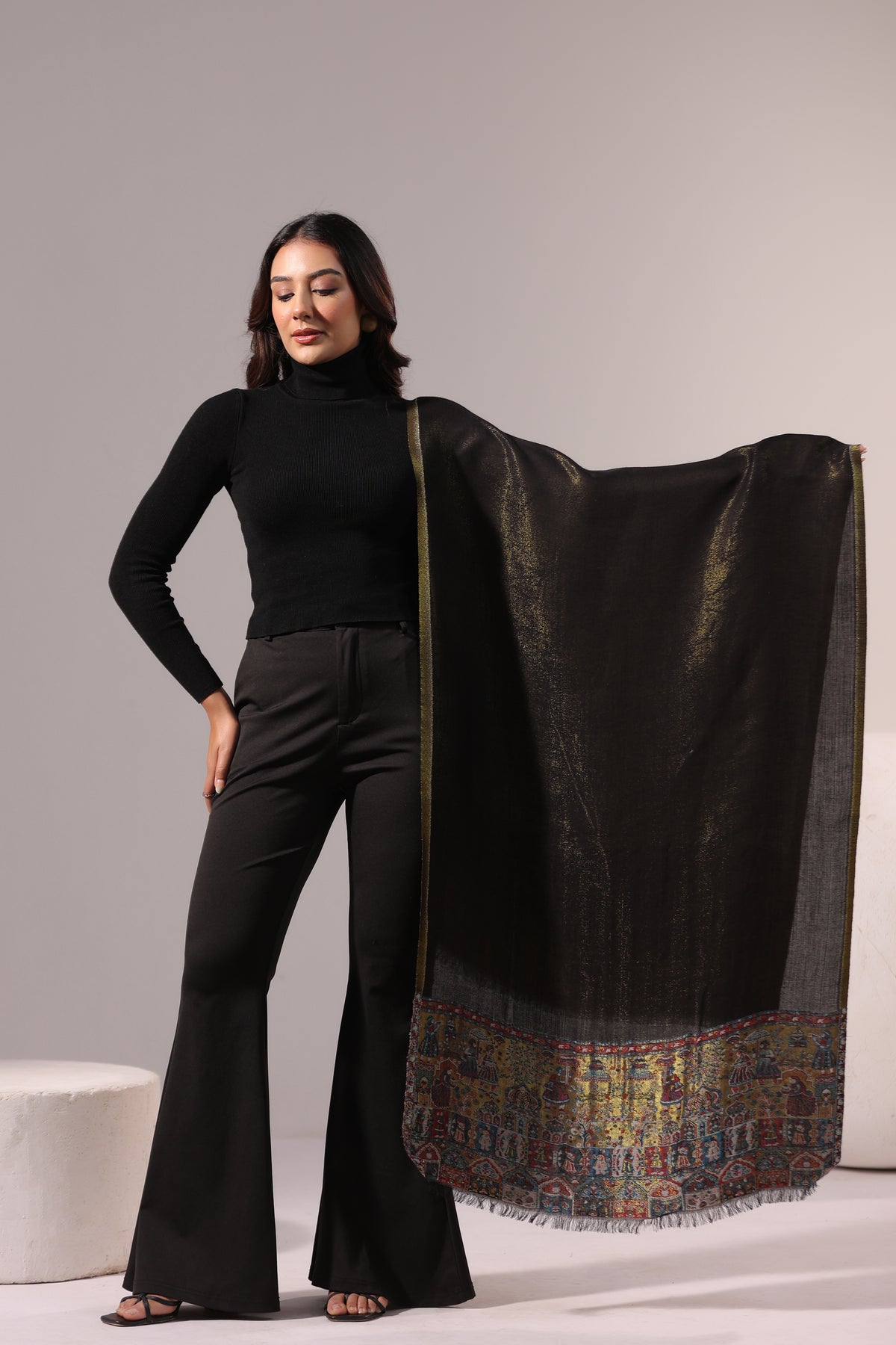 Women’s Premium Kani Woven Shawl with Zari Sheen | Gold Black - view 2