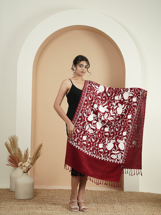 Floral Kashmiri Jaal Embroidery Warm Stole with Fringed Border | Maroon