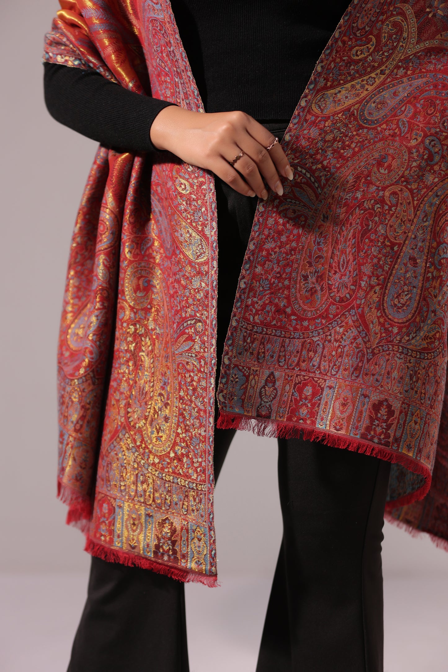 Women’s Premium Kani Woven Shawl with Zari Sheen | Rust