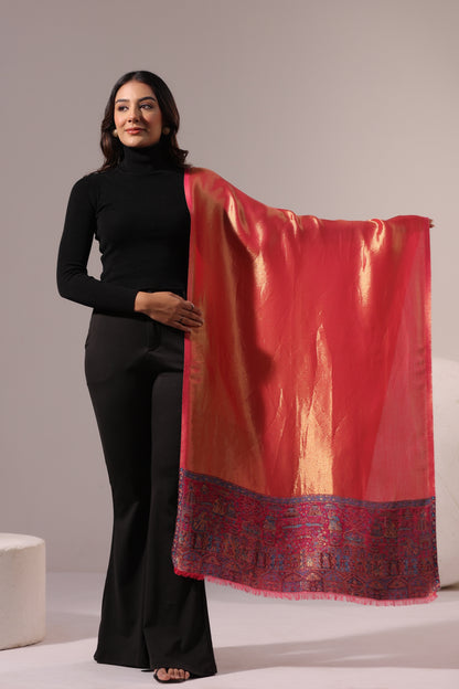 Women’s Premium Kani Woven Shawl with Zari Sheen | Pink Orange