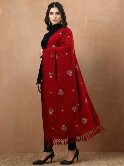 Woolen Embroidered Stole for Women | Red - view 3