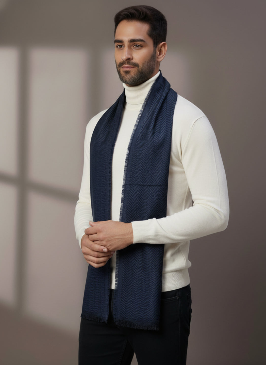 Soft Woollen Muffler for Men | Navy Blue Zigzag Scarf