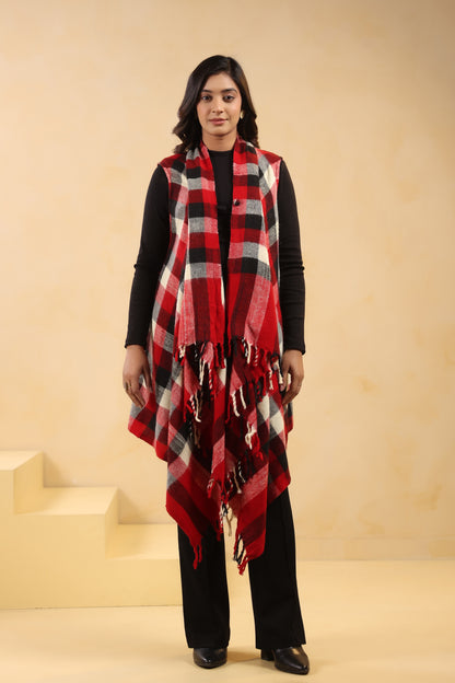 Women's Sleeveless Checkered Shrug Cardigan | Red