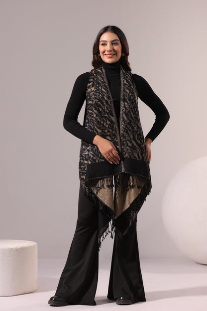 Women's Sleeveless Zari Pattern Shrug Cardigan | Black