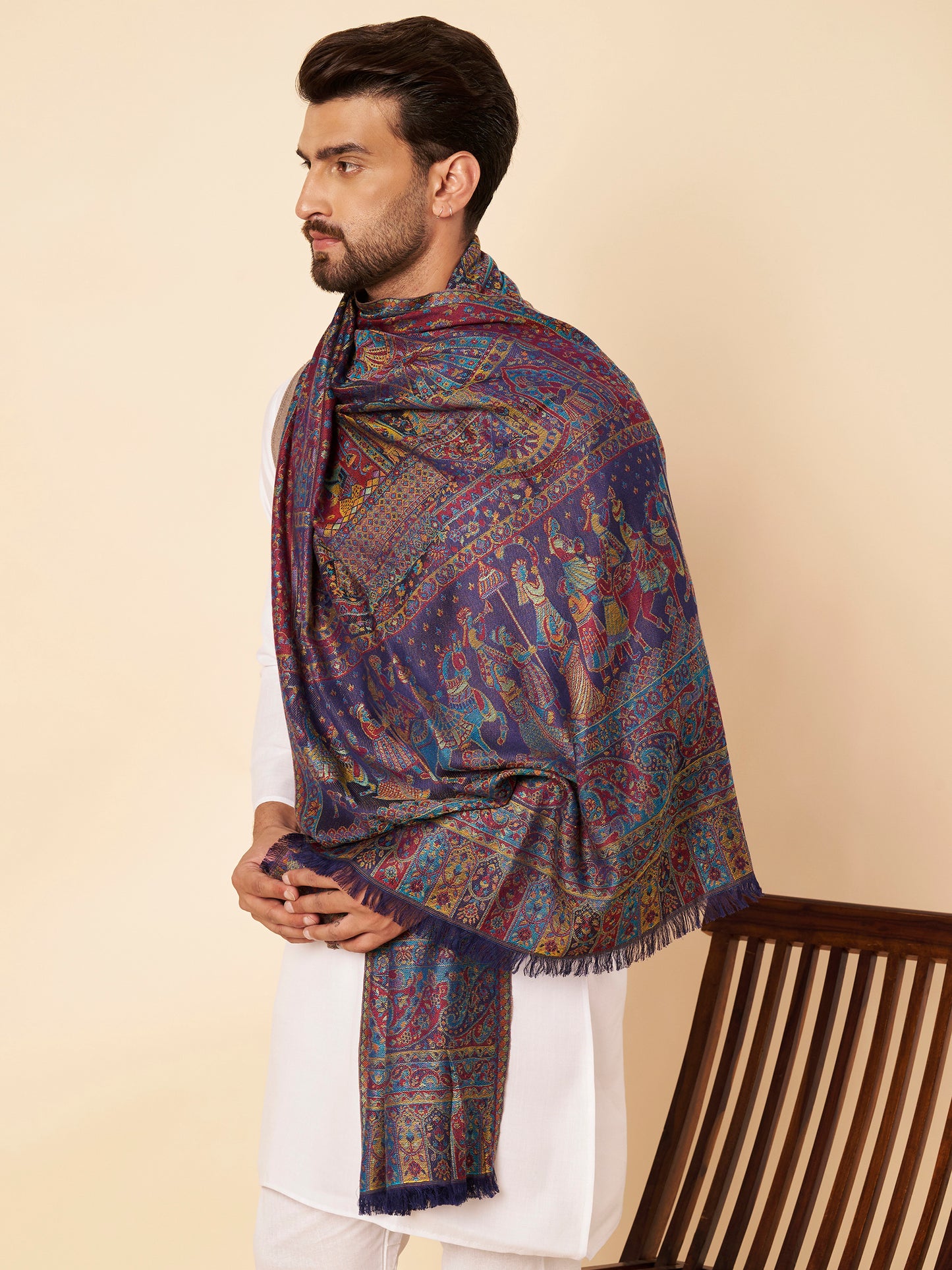 Kani Darbar Weave Soft Woolen Stole for Men | Blue