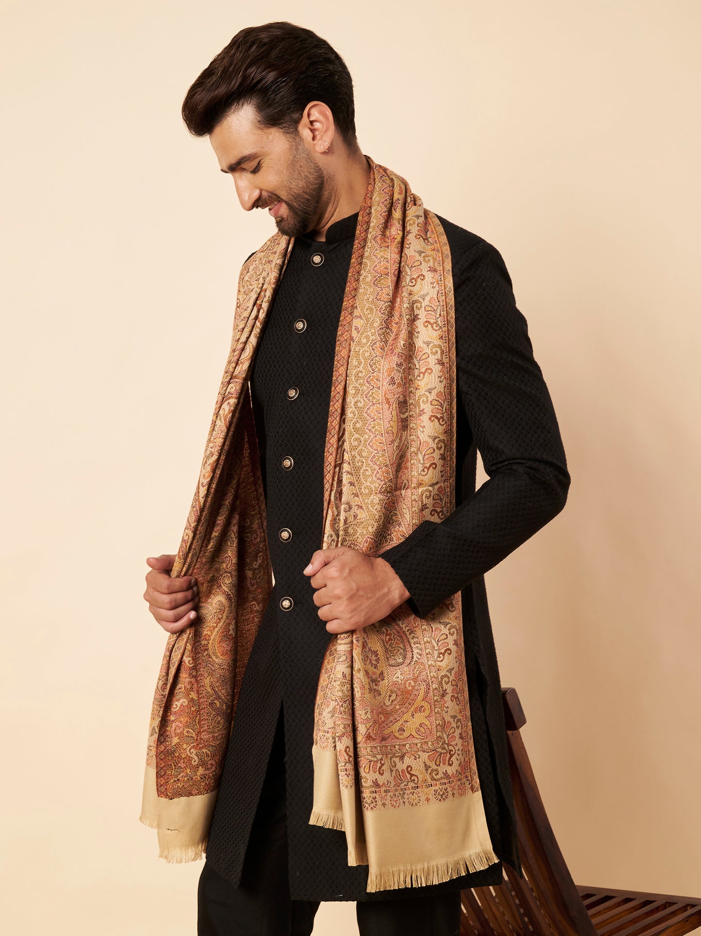 Warm Faux Pashmina Jacquard Woven Jamawar Mughal Shawl (Beige)