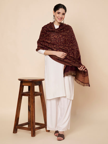 Woollen Kani Shawl with Traditional Kashmiri Floral & Paisley Woven Design | Maroon