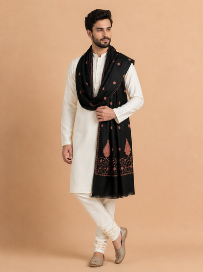 Fine Embroidery Paper Mache Kashmiri Wool Shawl for Men | Black - view 3