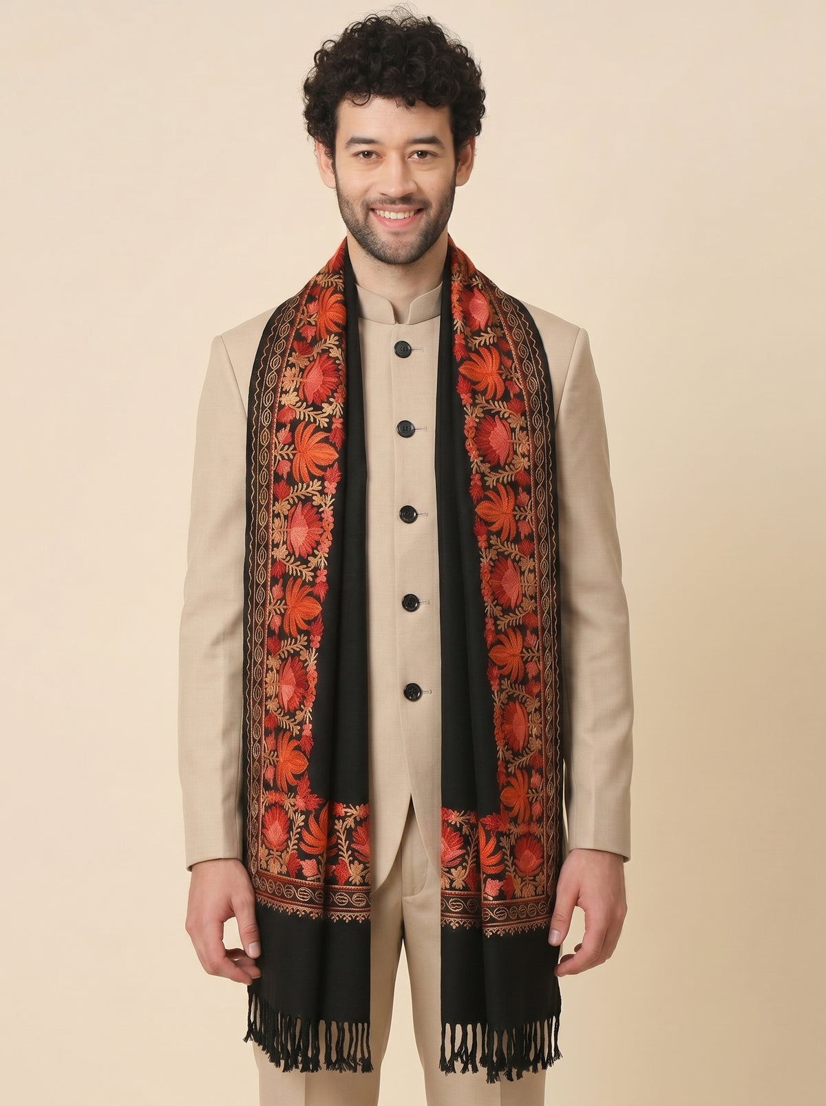 Kashmiri Aari Embroidery Woollen Stole for Men | Black - view 2
