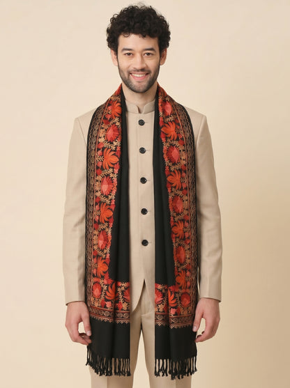 Kashmiri Aari Embroidery Woollen Stole for Men | Black - view 2