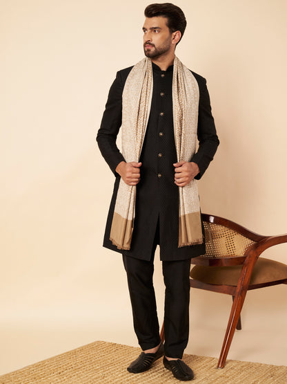 Floral All-over Kani Weave Woolen Stole with Paisley Border | Beige