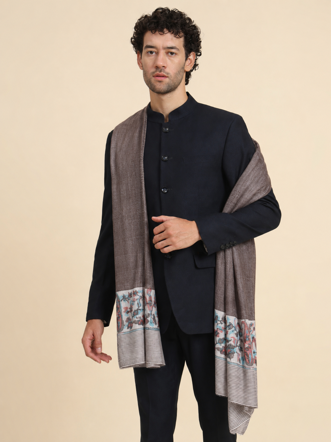 Ultra Soft Fine-Wool Kani Woven Stole for Men | Grey - view 5