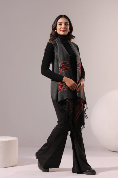 Women's Sleeveless Kullu Pattern Shrug Cardigan | Grey