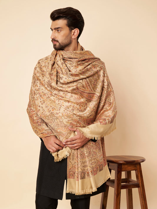 Warm Faux Pashmina Floral Jacquard Woven Jamawar Shawl (Beige)