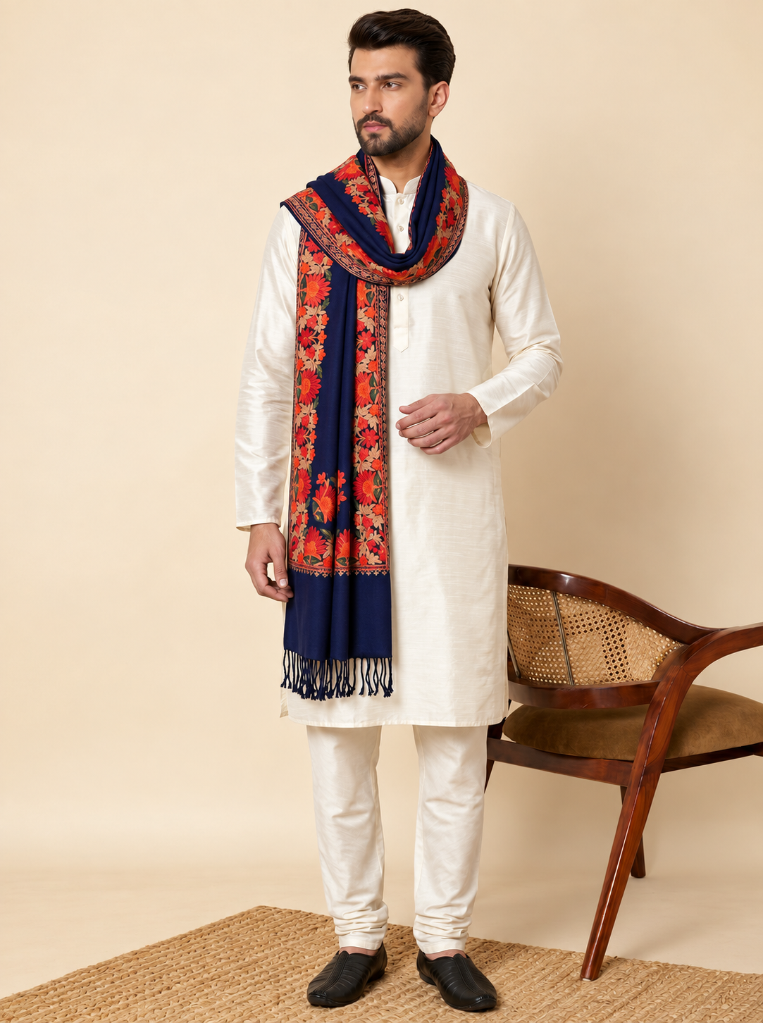 Kashmiri Aari Embroidery Woollen Stole for Men | Blue - view 3