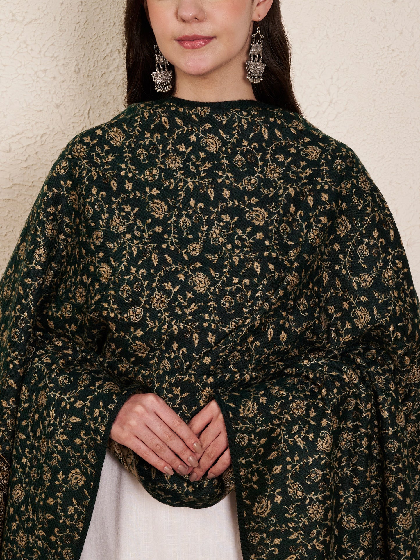 Woolen Kani Shawl with Intricate Kashmiri Paisley & Floral Woven Design (Green)