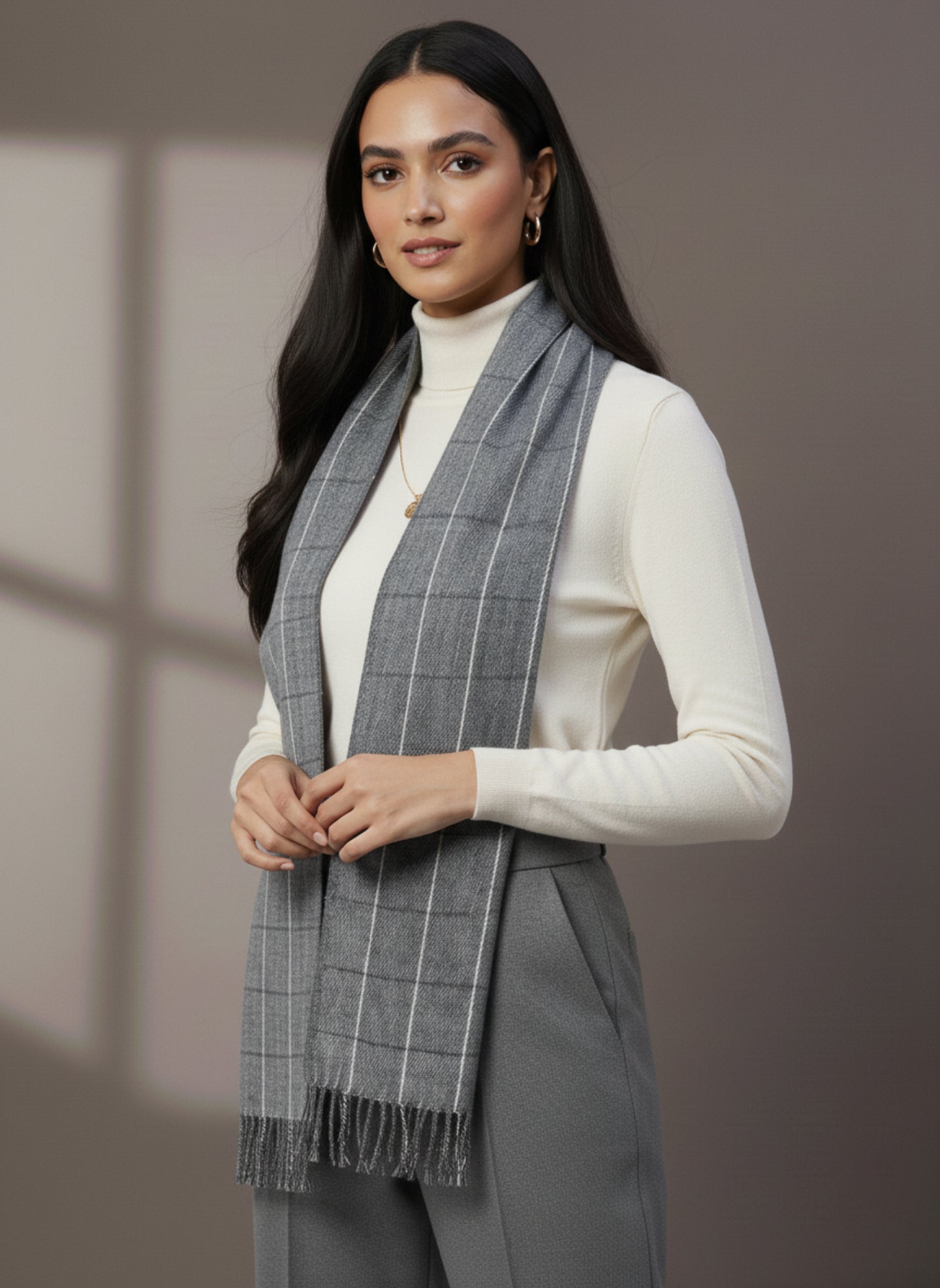 Soft Woollen Muffler for Women | Grey Check Scarf