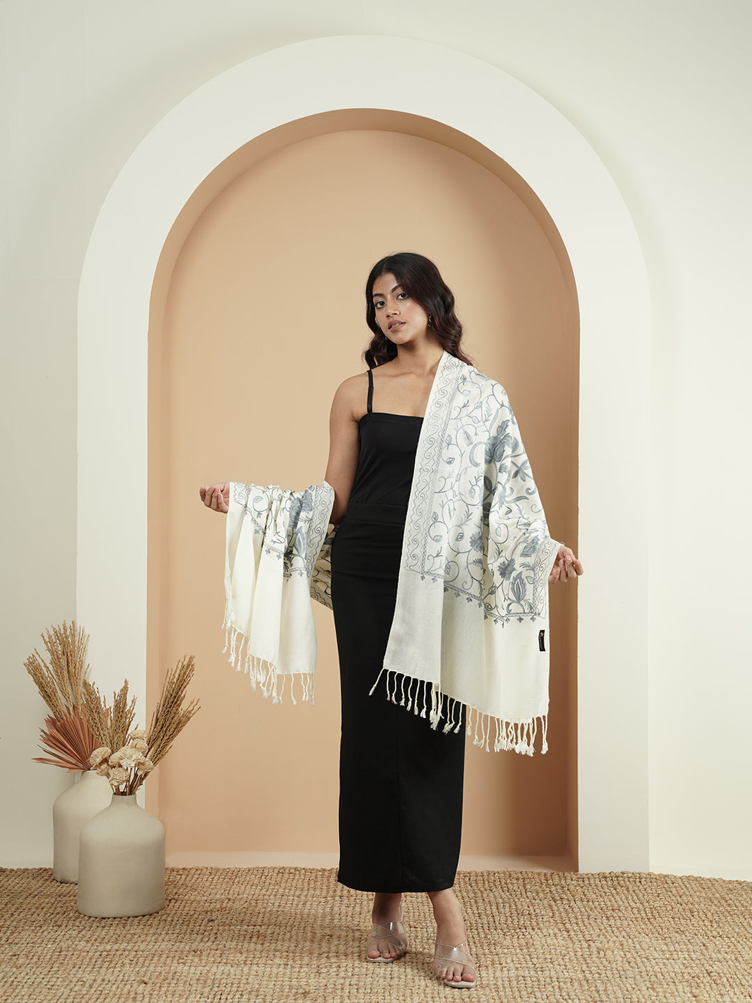 Floral Kashmiri Jaal Embroidery Warm Stole with Fringed Border | White - view 4